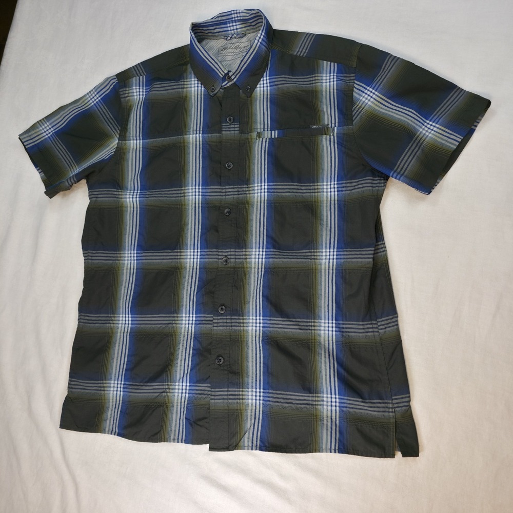 Eddie Bauer Button‎ Shirt Mens M Casual Poly Blend Hike Camp Fish Green Plaid